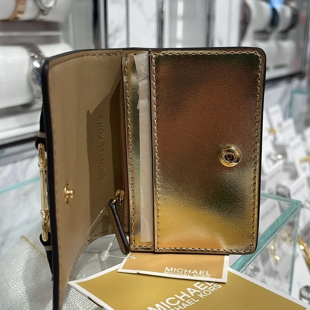 MICHAEL KORS Carson Small Metallic Pebbled Leather Wallet Pale Gold  NWT